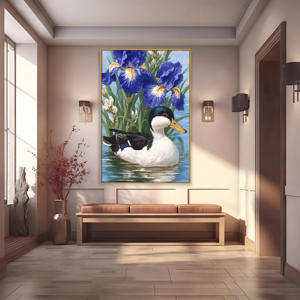 Tablou canvas cu tablou canvas cu rata pe lac si flori de iris, in rama de aluminiu auriu